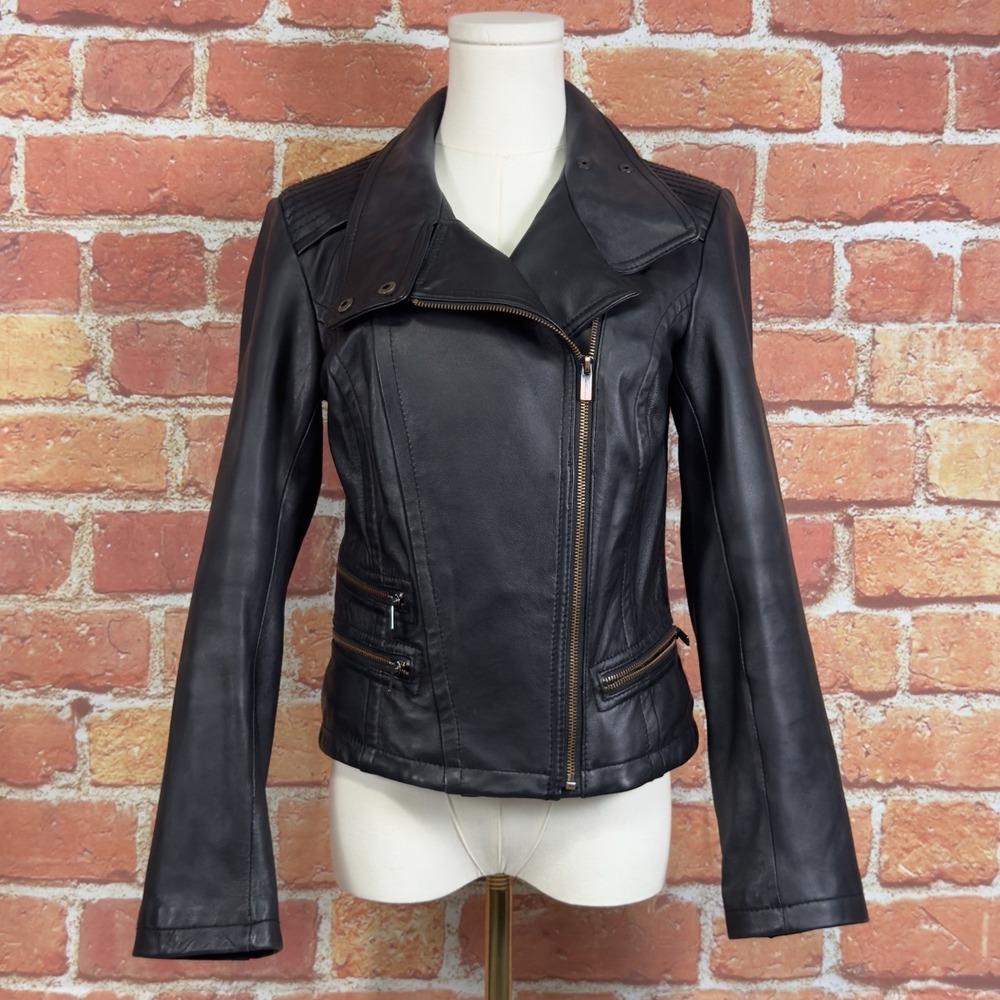 Kenneth Cole New York Women's Black Leather Moto Jacket Size XS Asymmetrical Zip